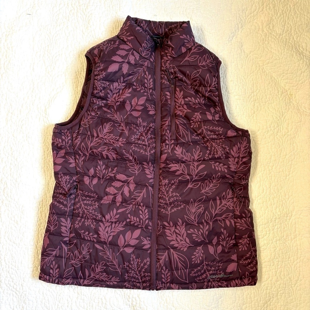❤️ Eddie Bauer Women’s Puffer Vest Size Small – Plum Purple Leaf Print Zip Up